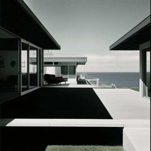 AI generated: Black cat Hyper realistic eye level exterior photo of a mid century modern style house overlooking t...