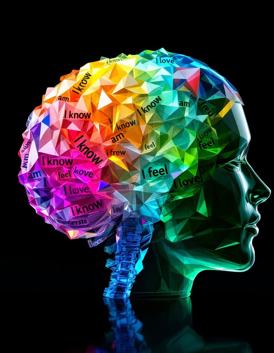 AI generated: A multi -colored crystal model of the human brain created from repeated words "I know" "I am" "I fee...