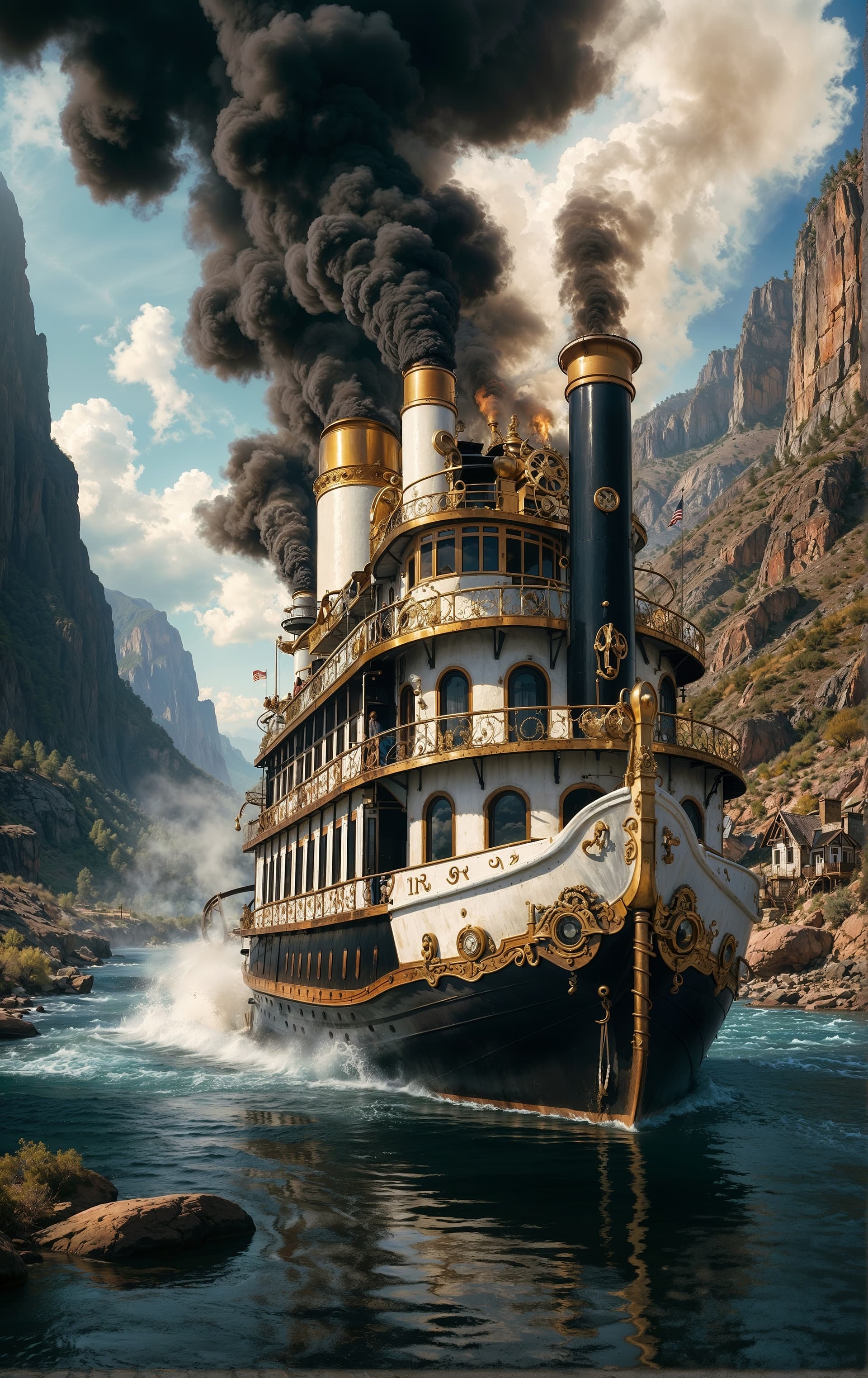 AI generated: In a vivid and enchanting steampunk universe, a majestic steamboat takes center stage, with elegance...