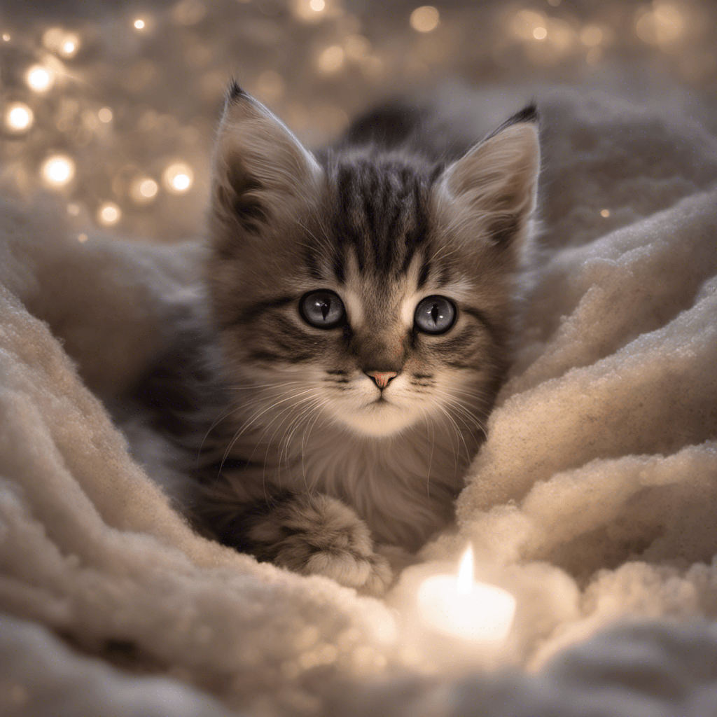 AI generated: A little kitten nestled in a blanket of snow, (detailed stunning snow environment), lit blurred lit ...