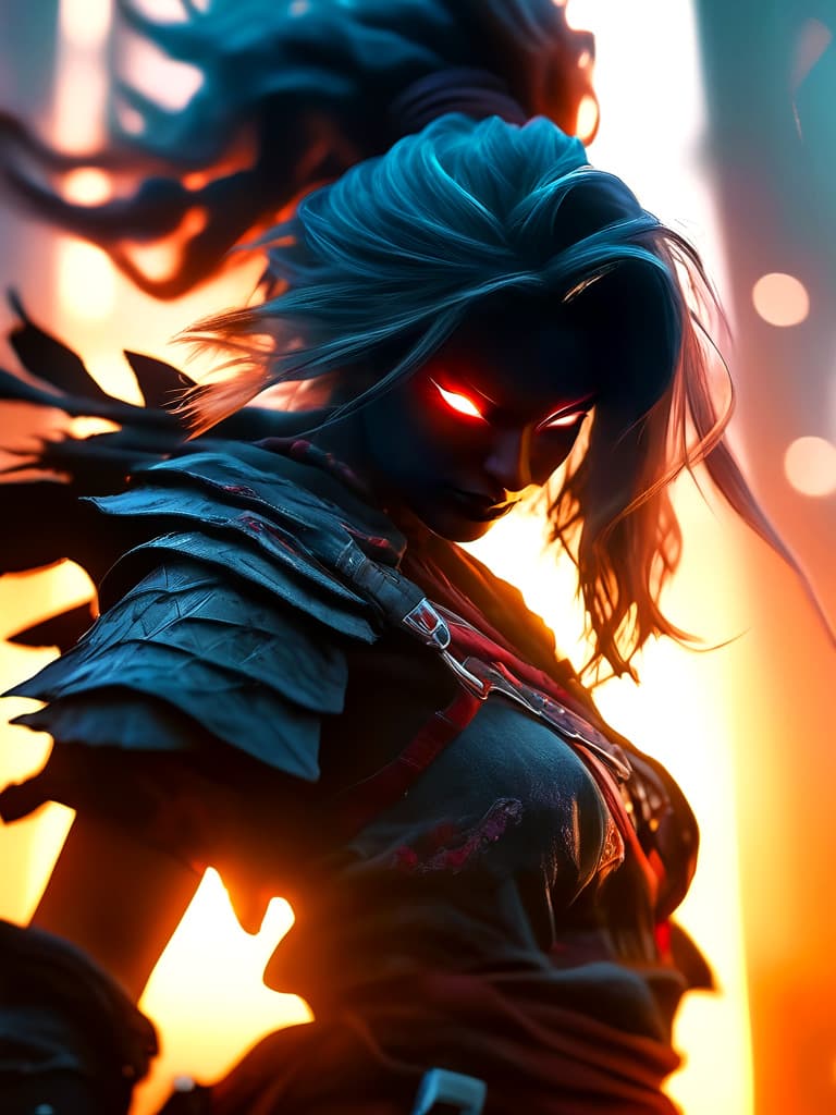 AI generated: Female shadow assassin, centered, dark smoke, mild dark vignette, bokeh, lens flare, light bloom, br...