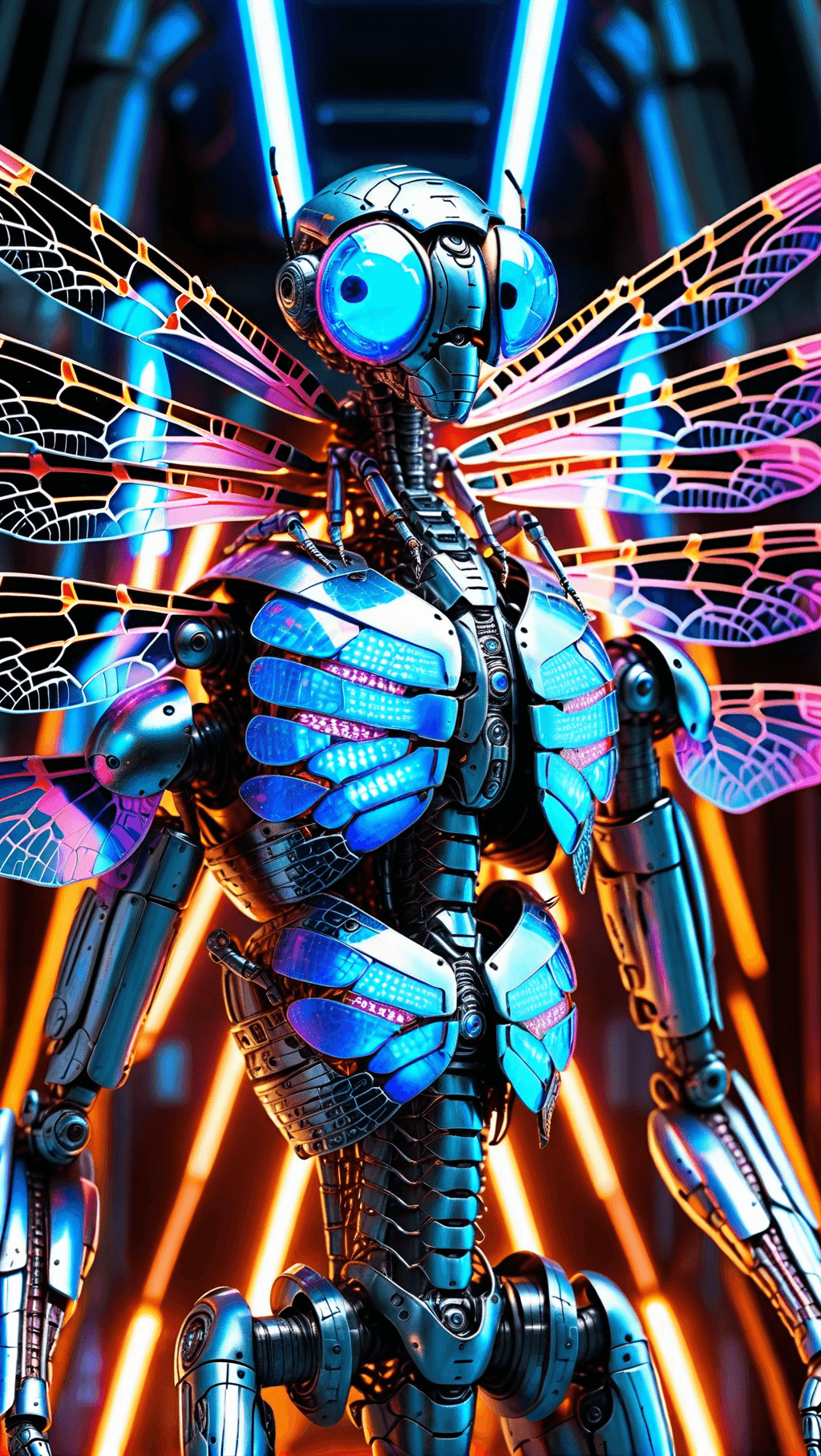 AI generated: Ultra-detailed cyborg in a spaceship (blue eyes), with anthropomorphic cybernetic elements on metal ...