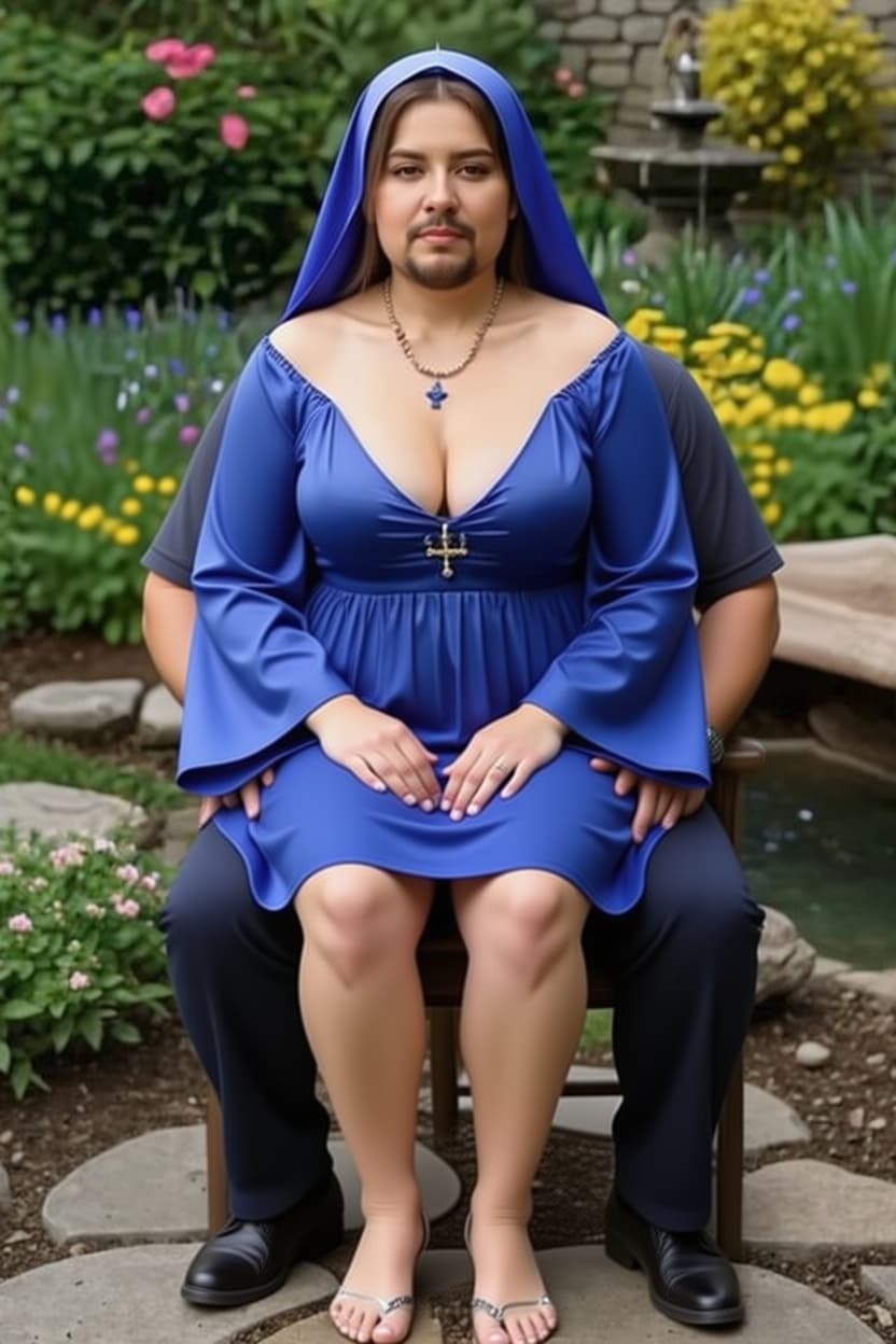 AI generated: This nun is sitting on the lap of a very fat and ugly man. The nun is wearing a very short blue skir...