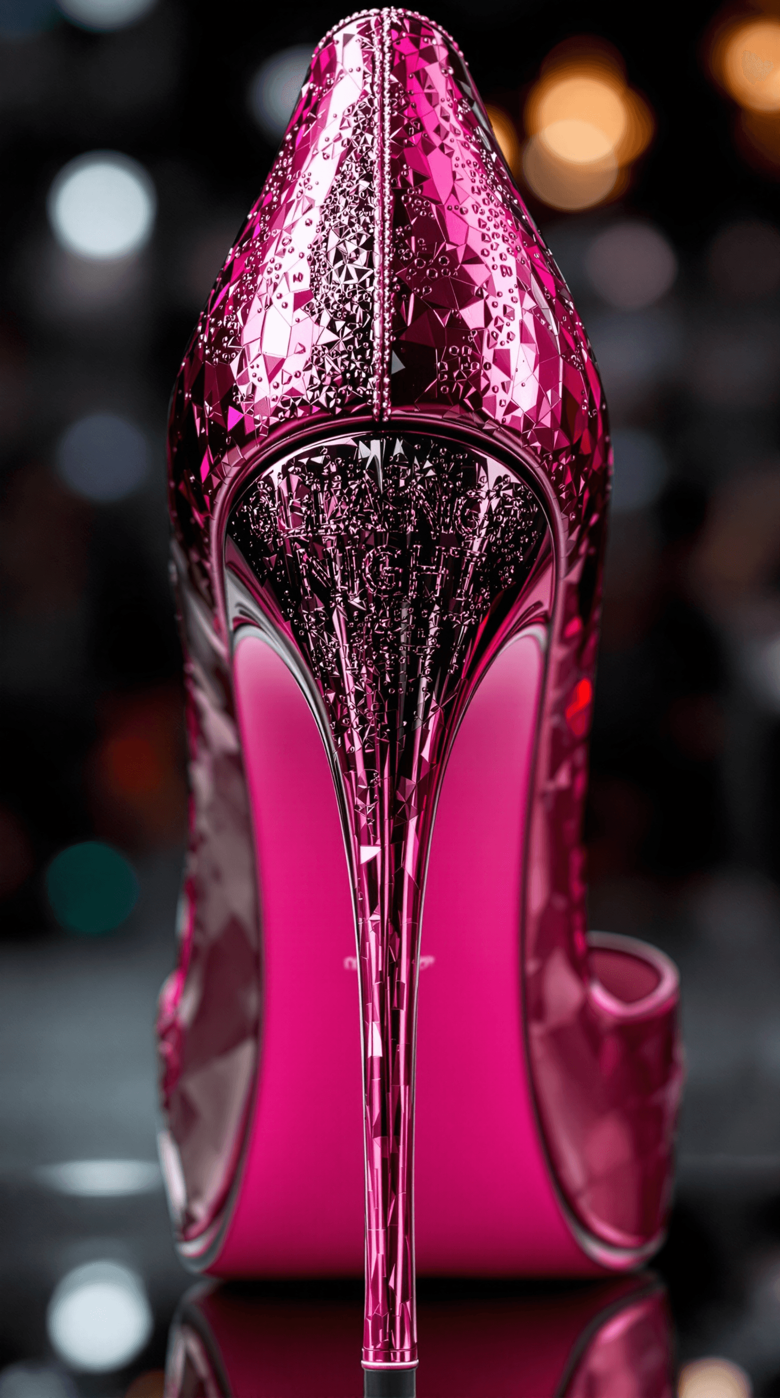 AI generated: sexy extrem high high heel in color pink, on the high heel is the font "GLOBAL NIGHT"
