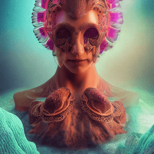 AI generated: Goddess close-up portrait ribcagel. jellyfish phoenix head, nautilus, orchid, skull, betta fish, bio...
