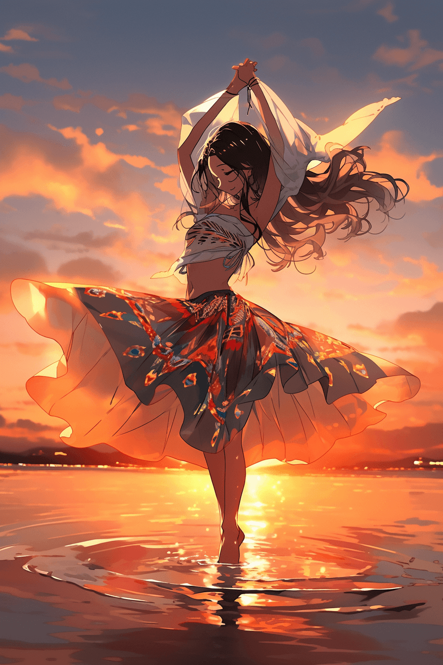 AI generated: An illustration of a dancer twirling on a beach, with golden sunset as the background, in the style ...