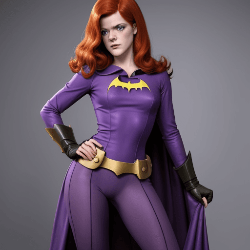 AI generated: Rose Leslie dressed as 1960’s Batgirl in purple