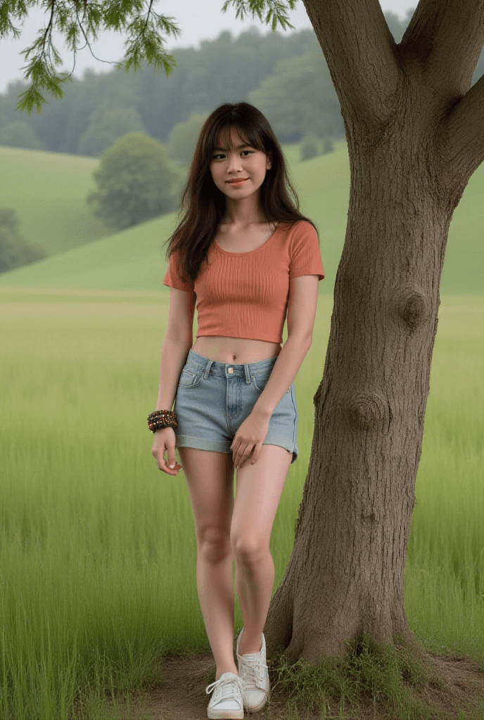 AI generated: A young woman, with long dark hair, stands beside a tree trunk in a field.  The setting is a rural l...