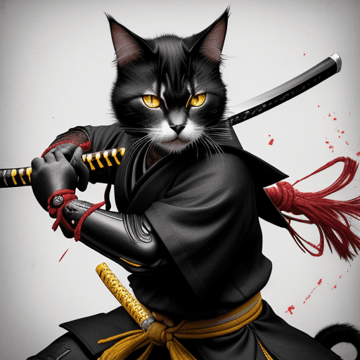 AI generated: samurai-cat, katana on belt, yellow eyes, black and white picture, black and red smudges --v 4