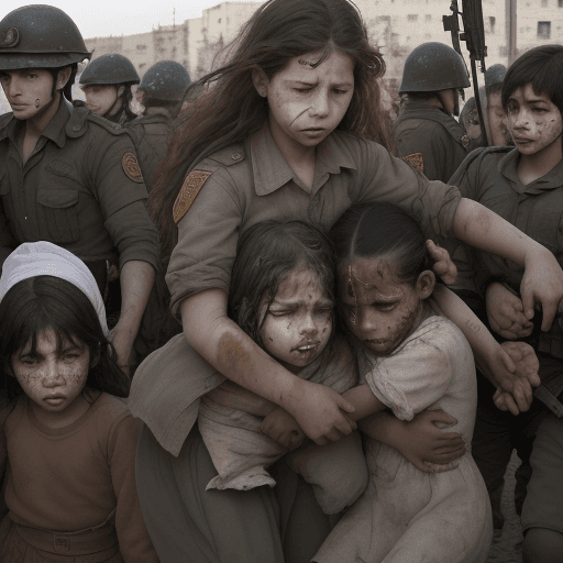 AI generated: Children affected by violence, either injured or in distress, symbolizing the innocent victims caugh...