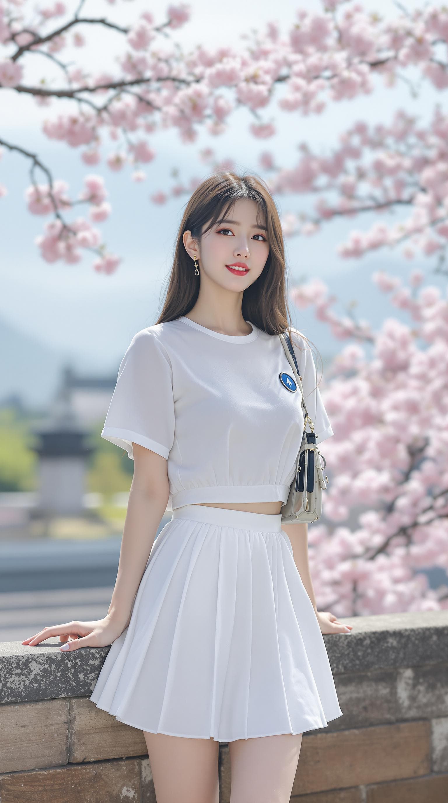 AI generated: a girl, Korean woman, korean ulzzang face, in a white clothes, short sleeves and pleated mini skirt,...