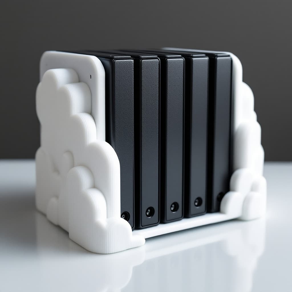 AI generated: A 3d printed Hard drive rack for external HDDs, white with cloud shapes flowing into each other on t...