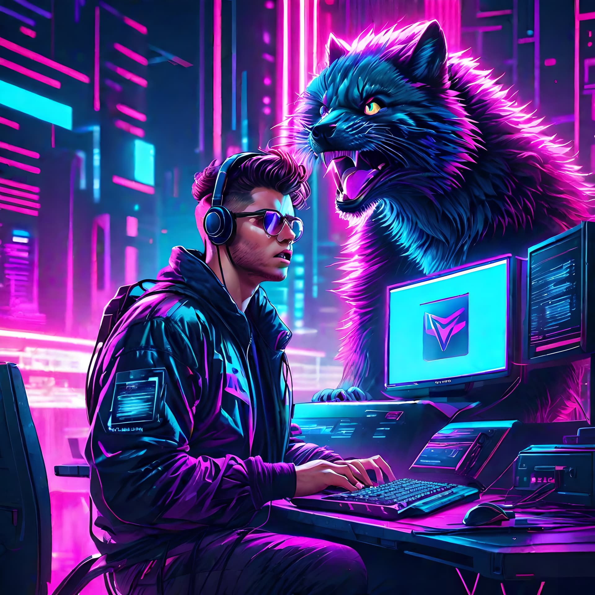 AI generated: A programmer looking surprised as you caught them hacking a computer, retrowave, synthwave, neon, ex...