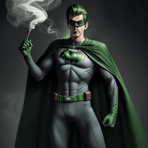 AI generated: we are seeing a lanky tall guy, in grey superhero tights suit, with green gloves and boots and green...