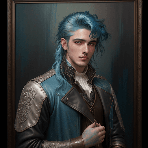 AI generated: wavy blue haired young handsome guy, wearing medieval clothes and a leather jacket, XIX century, hea...