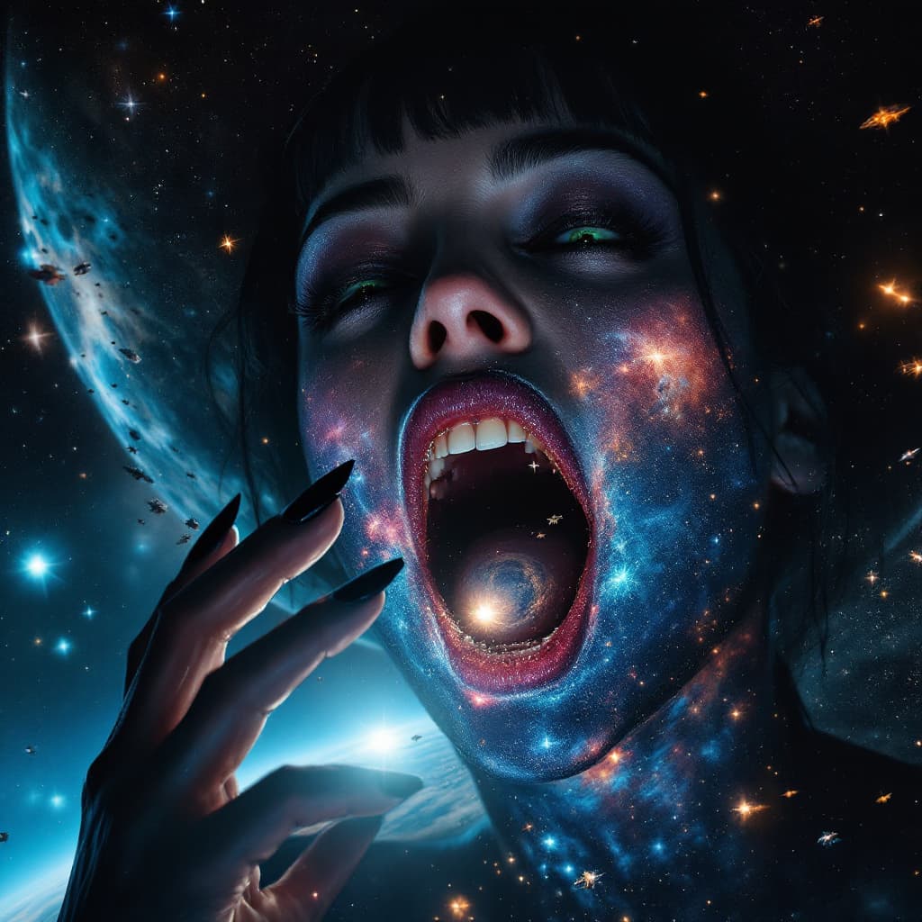 AI generated: enormous giantess actress Aubrey Plaza
bigger than a galaxy  floating in space, minuscule galaxy in ...