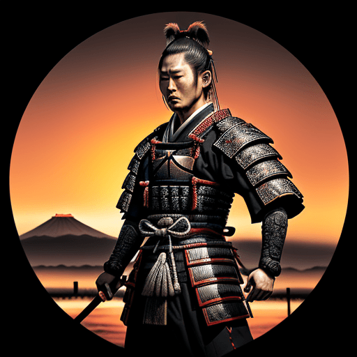 AI generated: Picture a samurai standing resolute at sunset in Japan, gazing into the distance, as the world aroun...