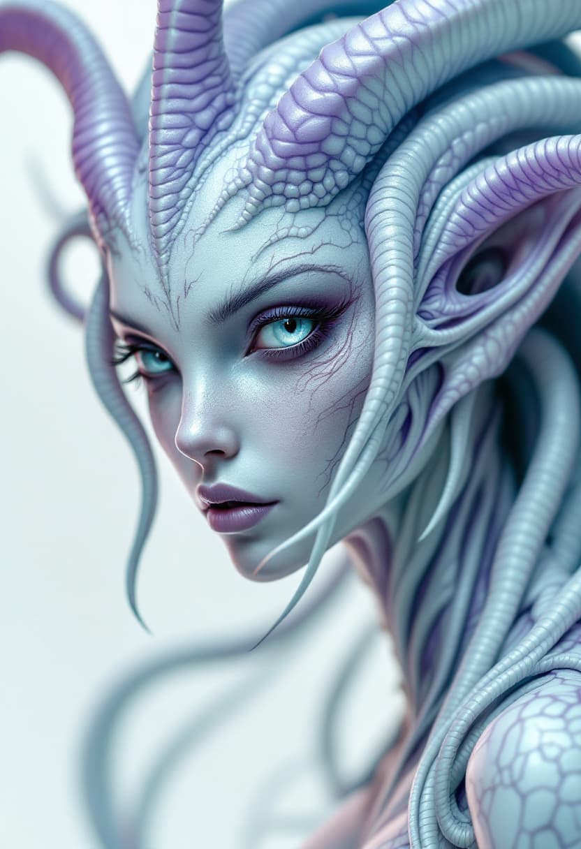 AI generated: alien nymph, in the style of balanced symmetry, light purple and cyan, detailed facial features, man...