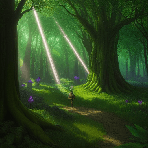 AI generated: Enchanted Forest, lush, mostly green, World of Warcraft, day time elf, two unicorns, giant trees, pu...