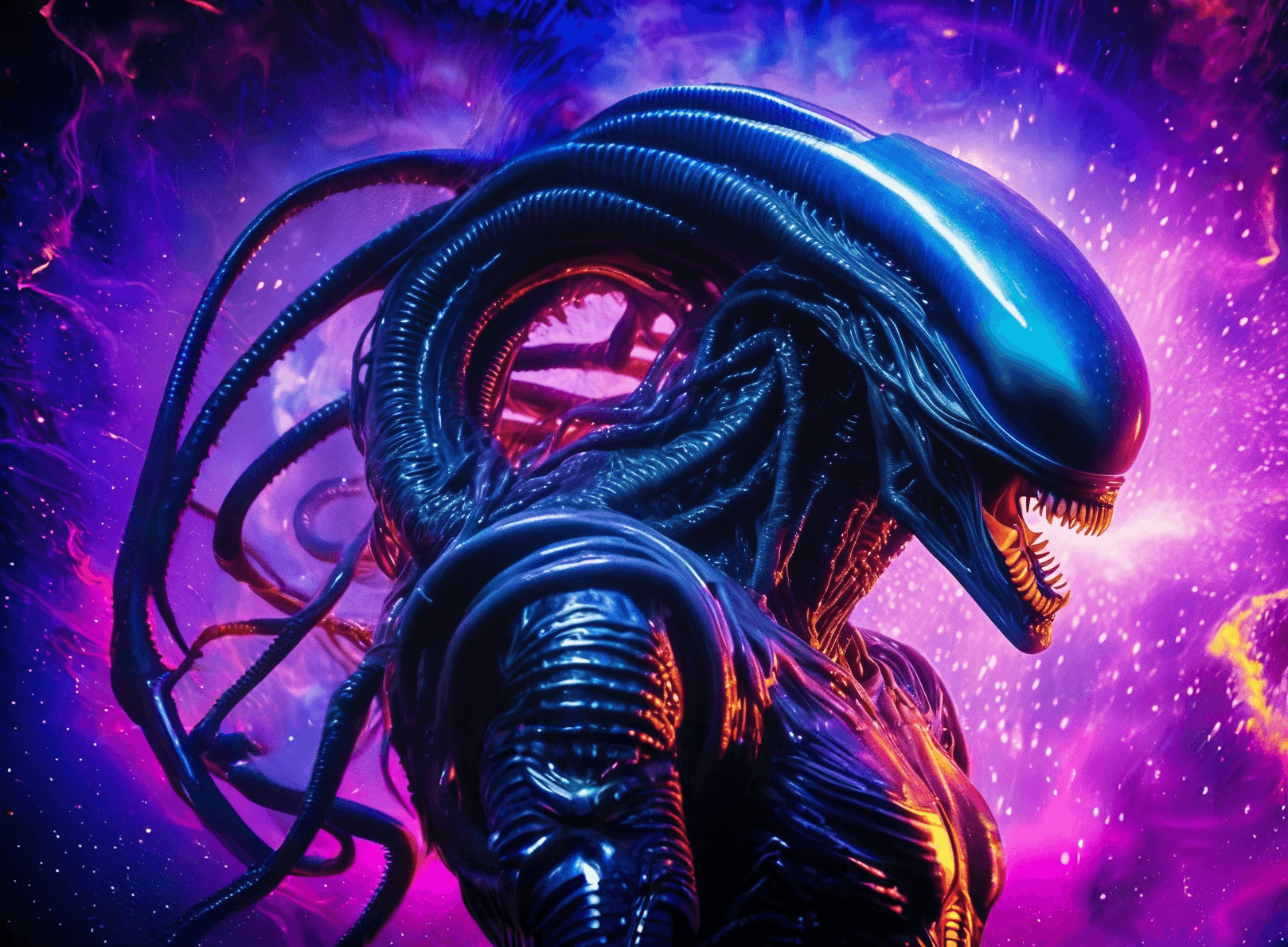 AI generated: Prompt: xenomorph from Aliens movie mixed the joker, octane render, 8k, fantasy colors, ultra realis...