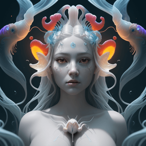 AI generated: Goddess close-up portrait ribcagel. jellyfish phoenix head, nautilus, orchid, skull, betta fish, bio...