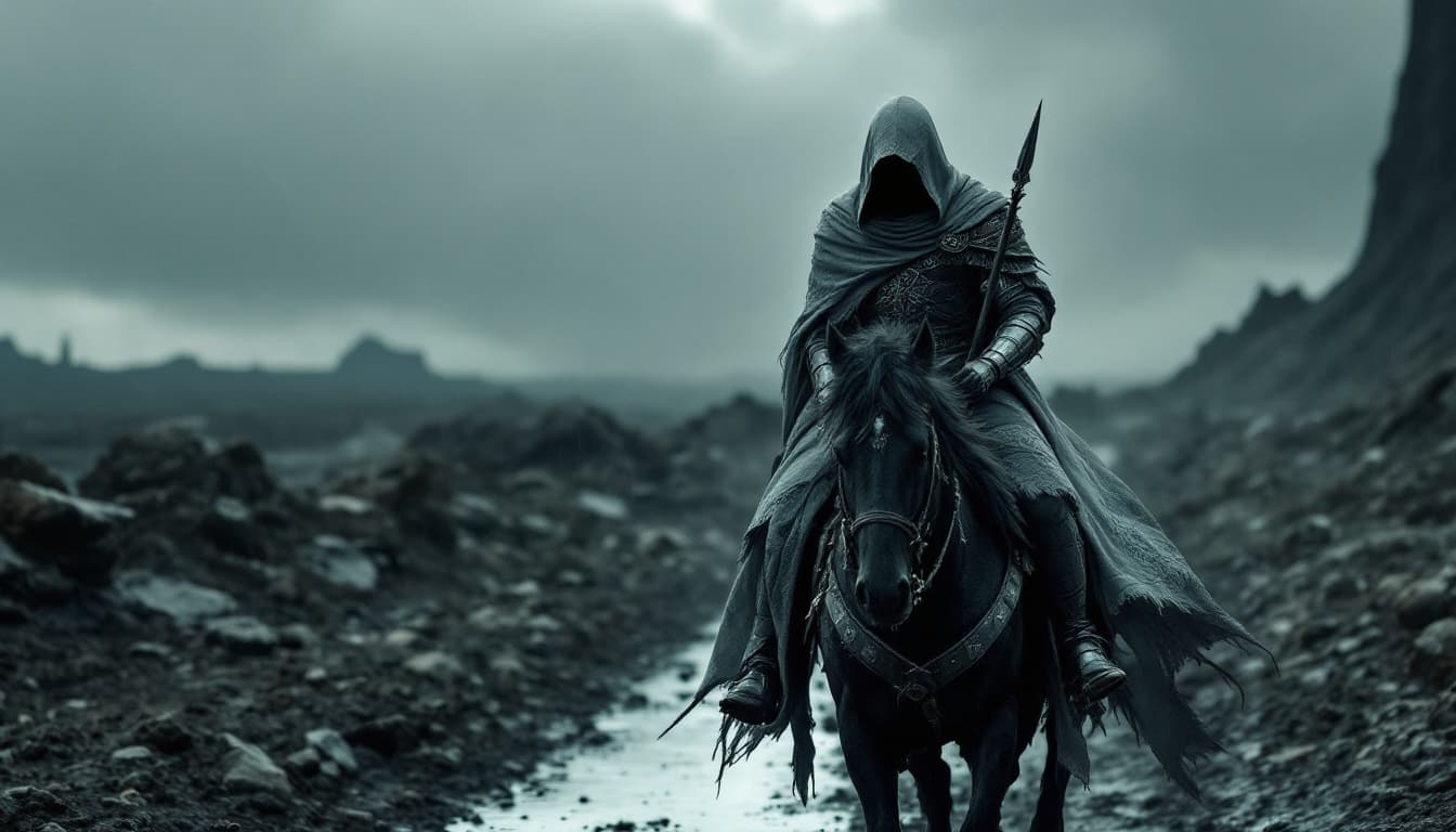AI generated: a hooded figure riding a horse through a desolate, post-apocalyptic landscape. The figure wears a gr...