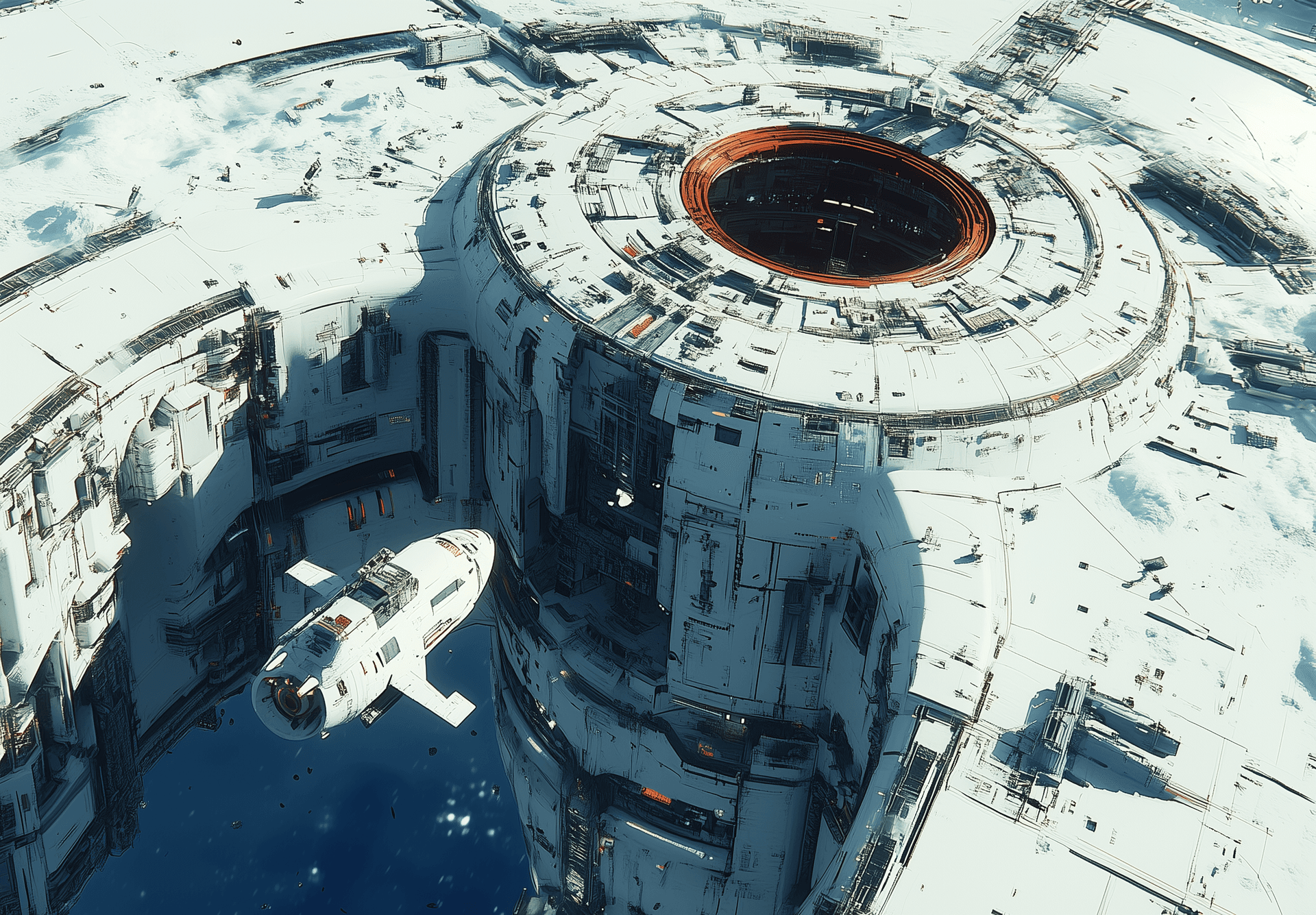 AI generated: A small white spacecraft is docked to the side of an enormous circular space station, in the style o...