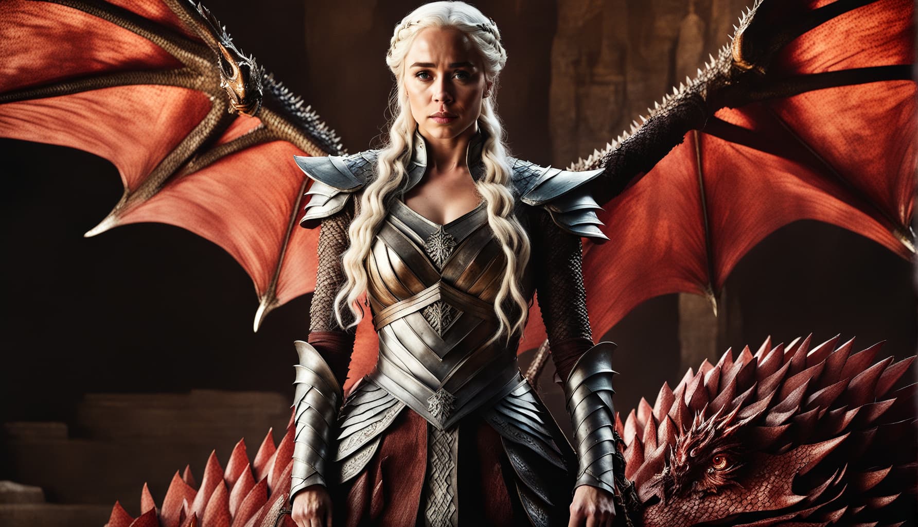 AI generated: Game of thrones movie still of Emilia Clarke as Daenerys Targaryen, in stunning armor of dragon scal...