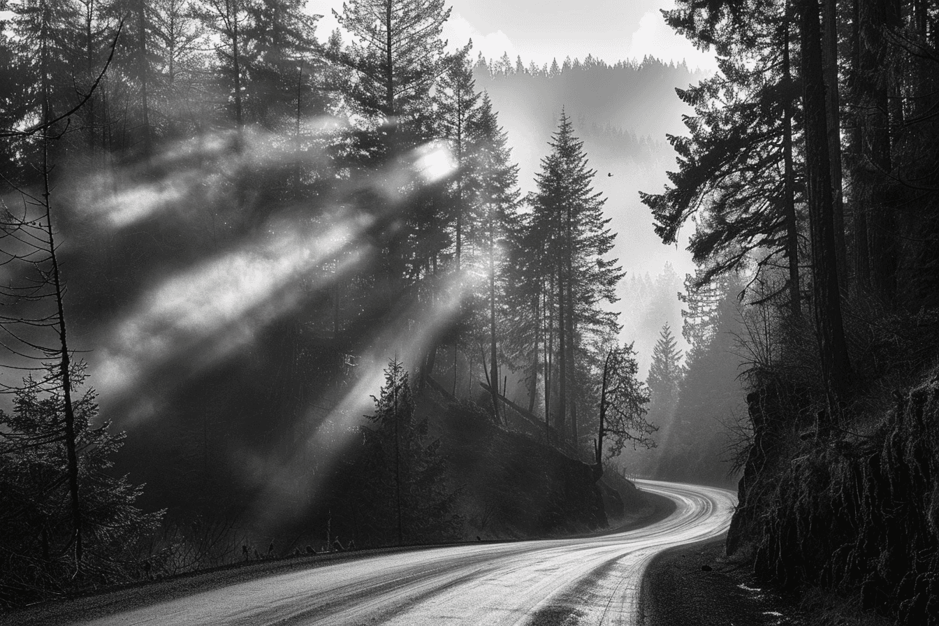 AI generated: A black and white photograph of rays of light shining through the trees on an old road in Washington...
