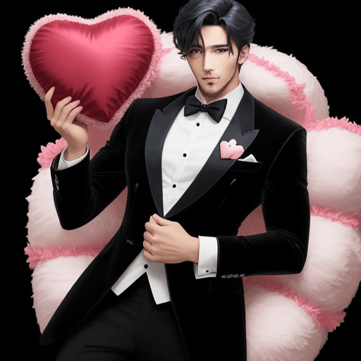 AI generated: A very handsome anime-mesmerizing male teddy bear that's holding a heart with a very suave outfit
