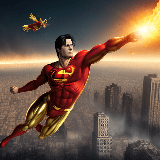 AI generated: Golden superman, flies over burning city