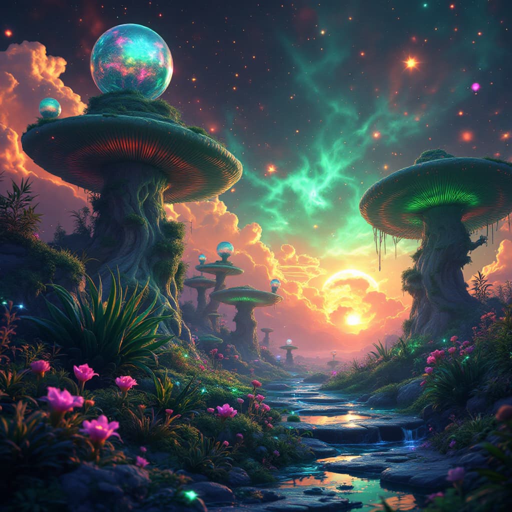 AI generated: Fantasy landscape, dynamic lights, glowing emerald, nebulas, sunset,,8k photorealistic eternal  ambi...