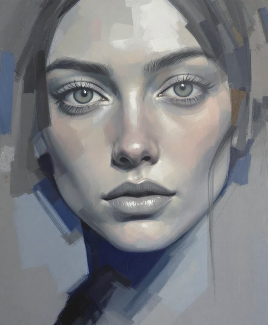 AI generated: A half-body portrait of a woman in the style of Kieron Gillen. The grays, the blues, the richness. I...