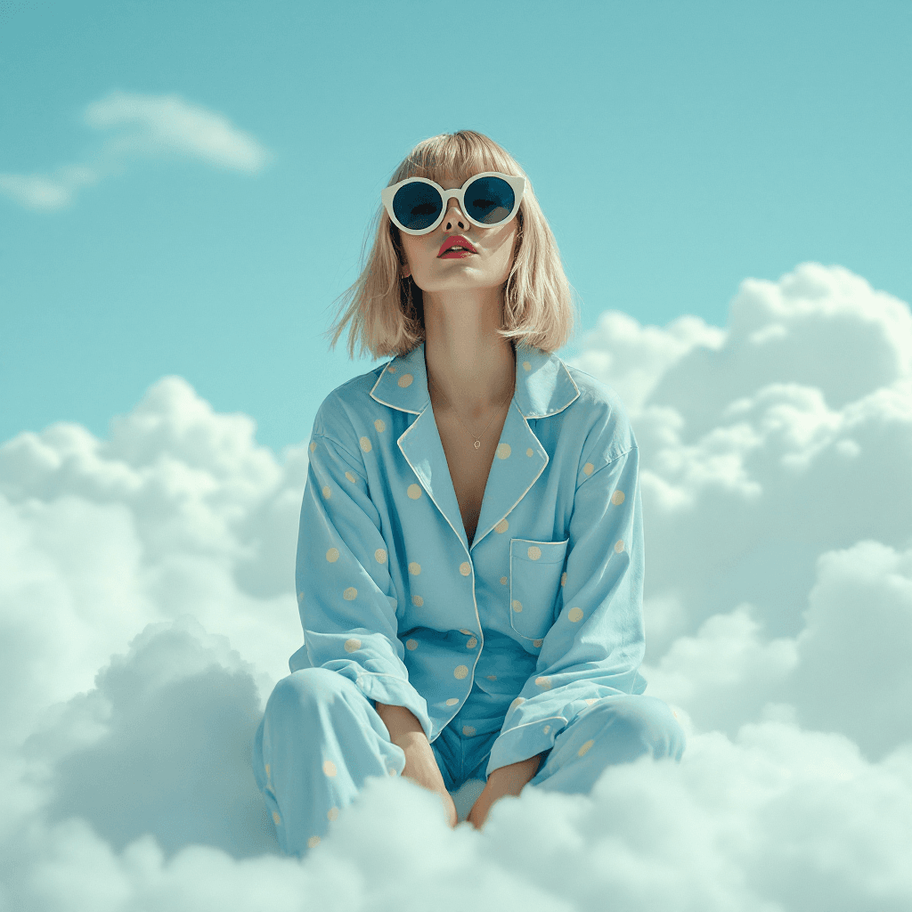 AI generated: A photo of an eccentric woman sitting on top of white fluffy clouds wearing big sunglasses and light...