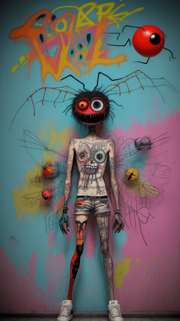 AI generated: graffitied on the wall invision my imaginary friend a Absurd Embroidery bird head spider legs red or...