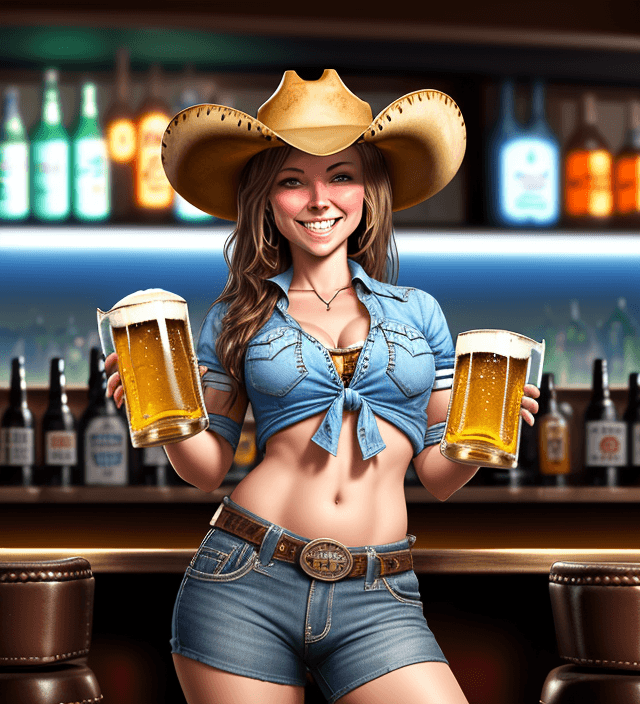 AI generated: cowgirl standing at the bar, having fun, drinking a beer.  Smiling mischievously
[RealVisXL V2.0 (NE...