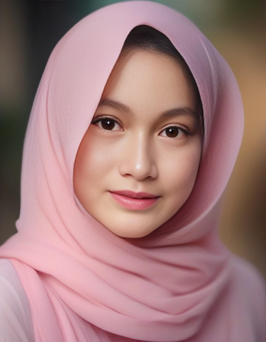 AI generated: Create a realistic style portrait of a gorgeous Turkish muslim women wearing pink color hijab , gorg...