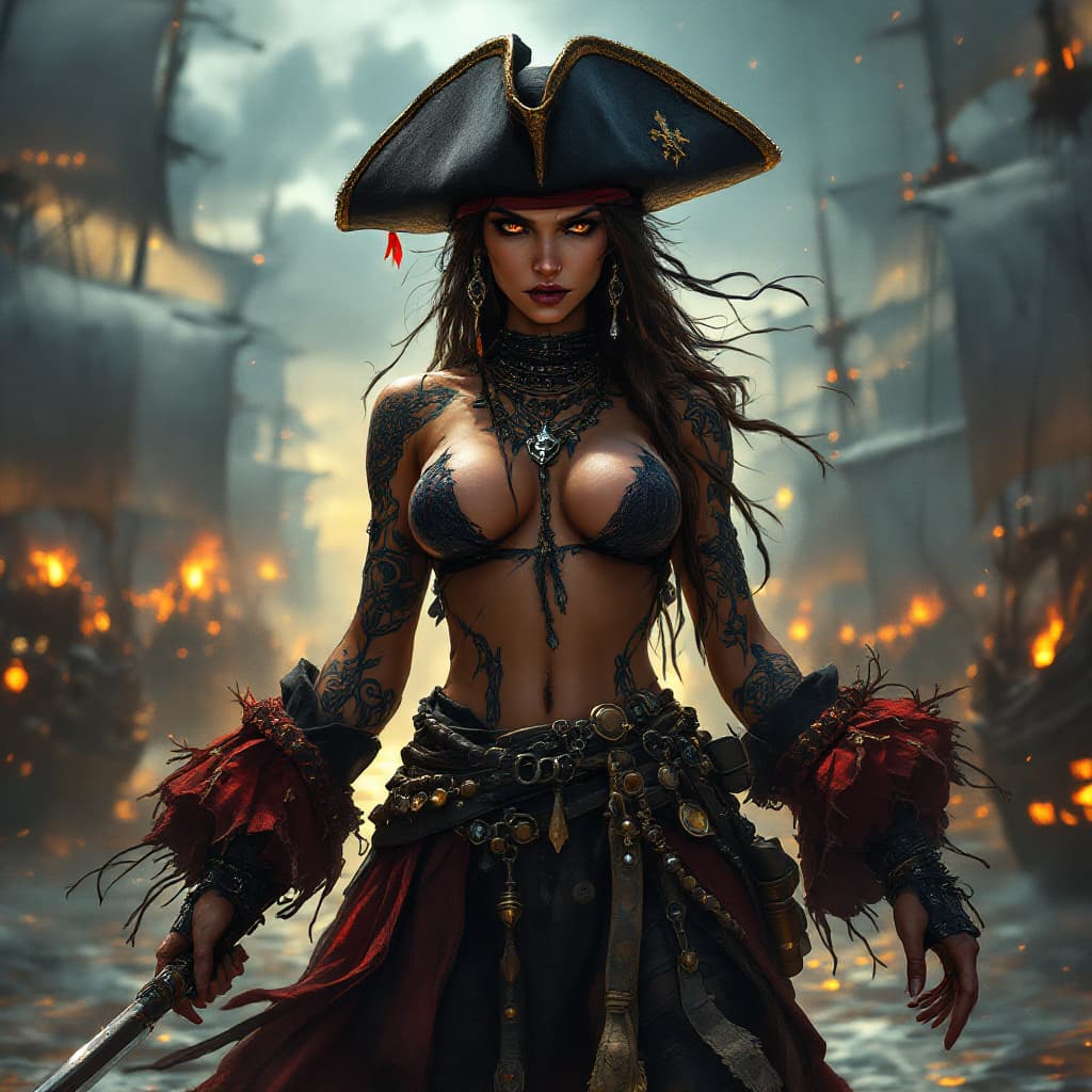 AI generated: dibujo, anime, Full body view A commanding Native Caribbean pirate captain stands tall amidst the Pi...