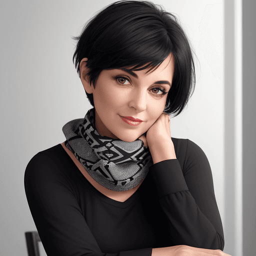 AI generated: A woman wearing a black top and a gray-toned patterned scarf is looking at the camera with her chin ...