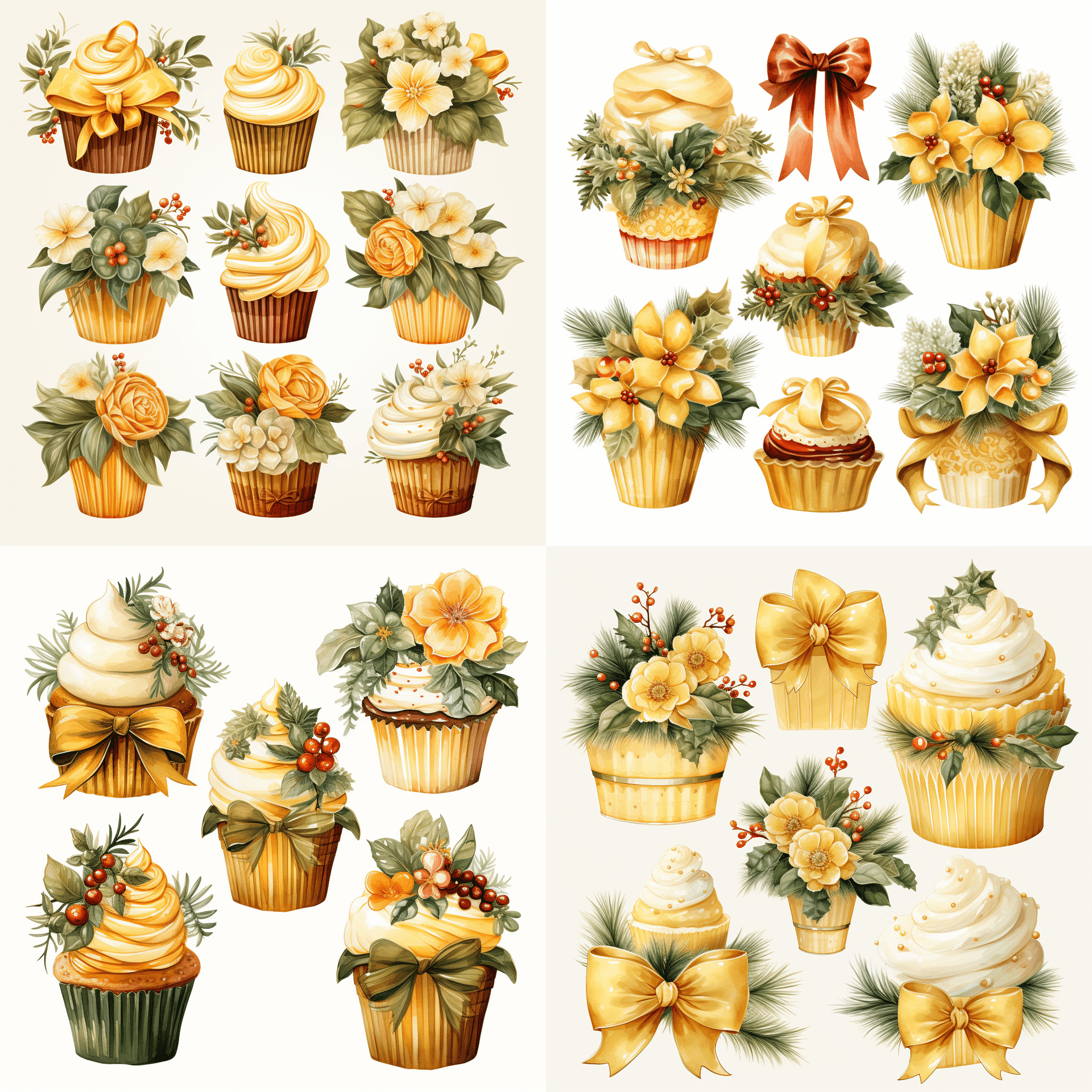 AI generated: assorted vintage cupcakes covered with Christmas flowers and greenery, Christmas bows, ornaments all...