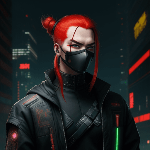 AI generated: Cyberpunk, red hair man bun, Chinesse, Young, serious look, Masked