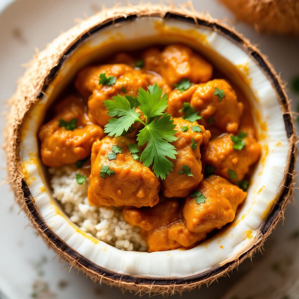 AI generated: Succulent chicken curry infused with tender coconut flavor, served uniquely in a tender coconut shel...