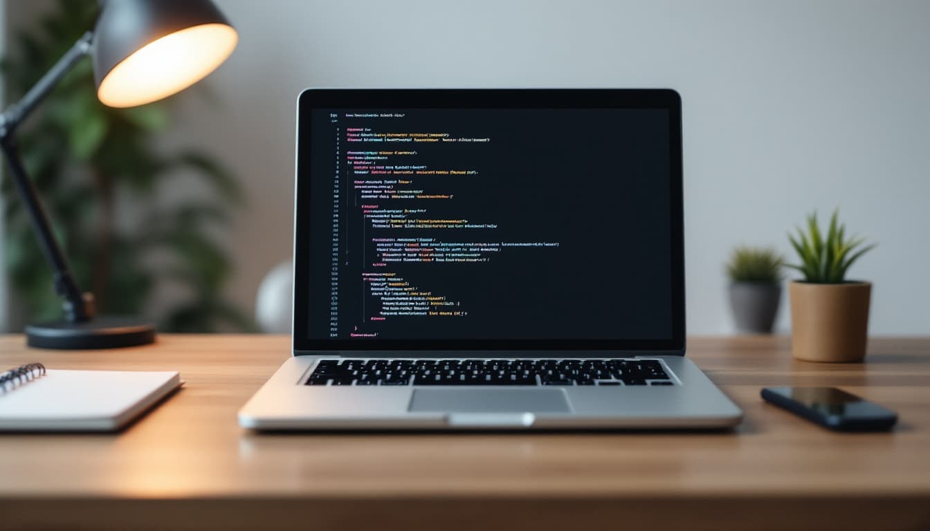 AI generated: A professional and minimalist office setup for a software developer's LinkedIn cover image. The scen...
