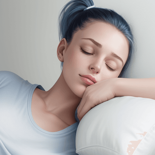 AI generated: The image shows a woman laying on top of a bed next to a pillow, with a wall in the background. She ...
