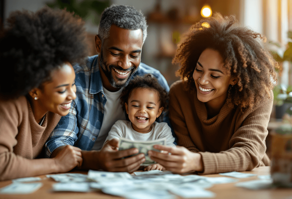 AI generated: realistic image of minority family with money in their hands happy 