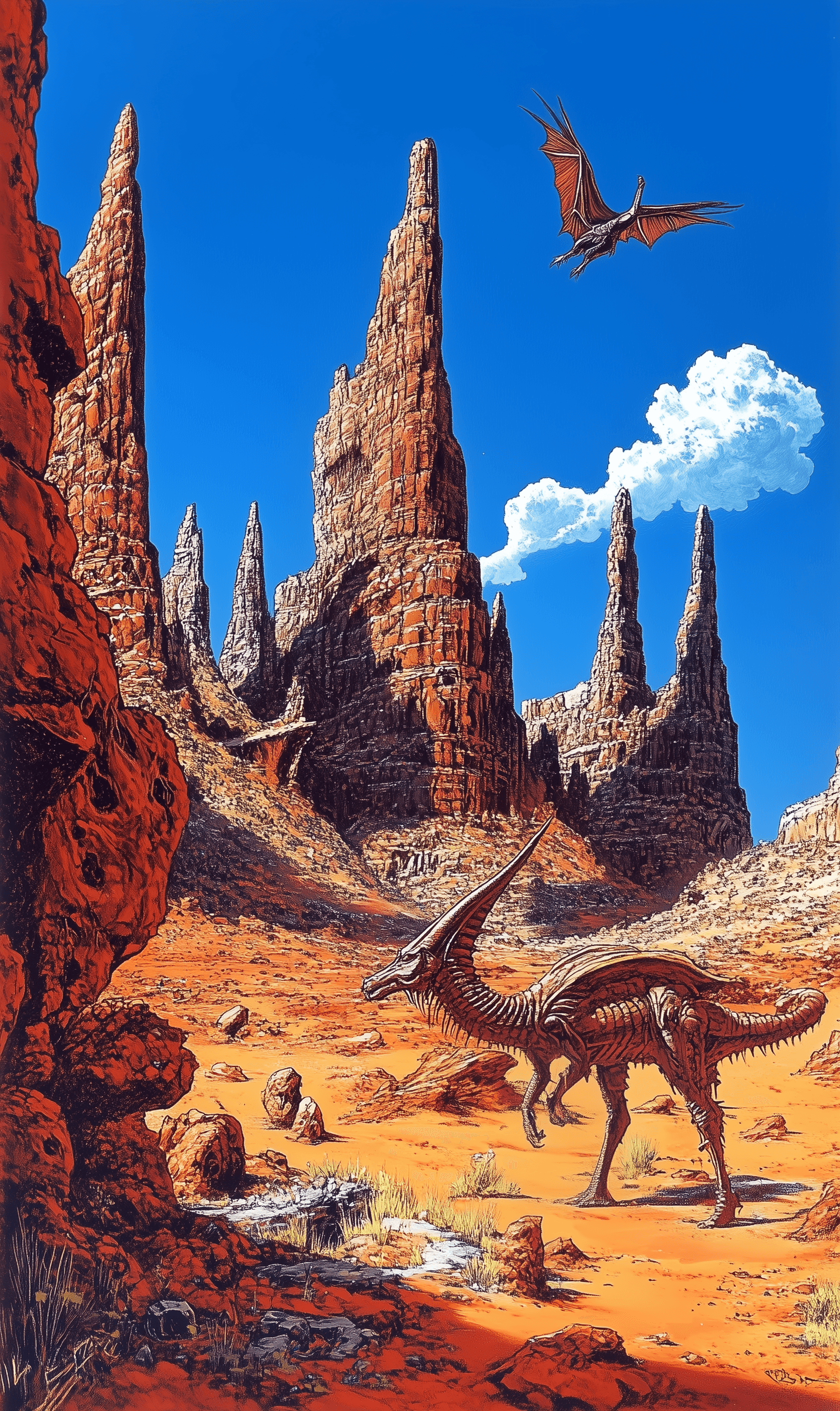 AI generated: Pulp art illustration of strange animals and creatures in the desert, red rock formations, and blue ...