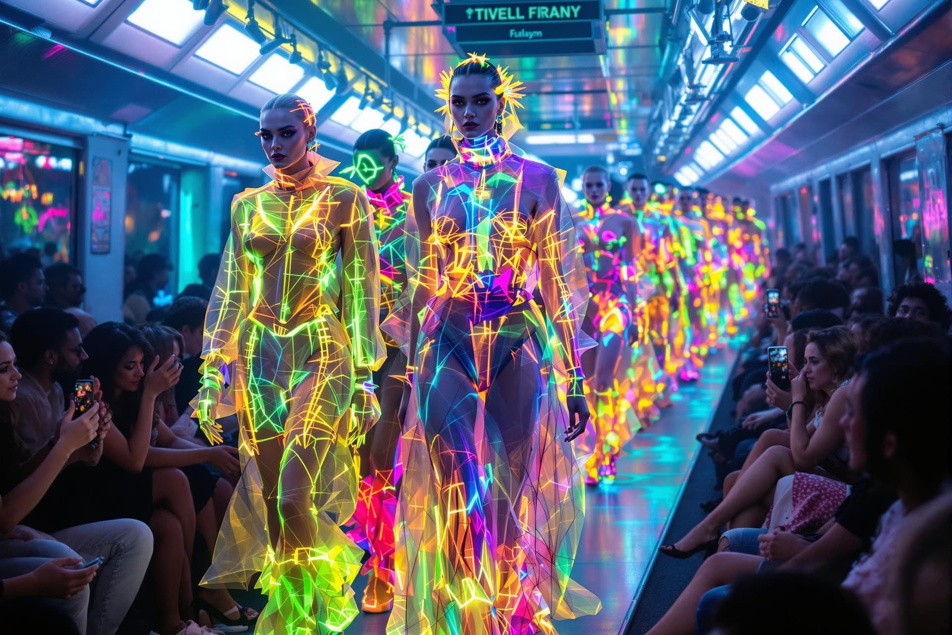 AI generated: A high-resolution, dynamic scene of a fashion show at subway, full body photo of Transparent (featur...