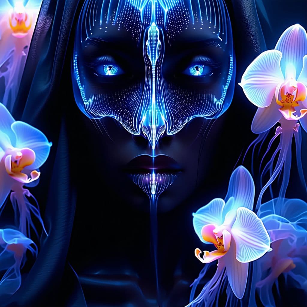 AI generated: Goddess close-up portrait ribcagel. jellyfish phoenix head, nautilus, orchid, skull, betta fish, bio...