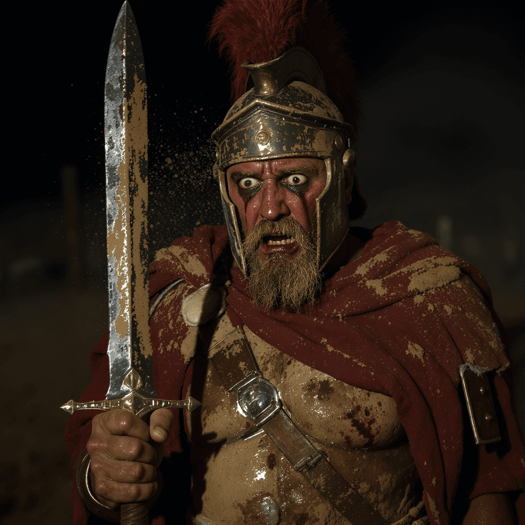 AI generated: Roman centurion stands holding to his gladius after the battle, fear and horror on his face, tired a...
