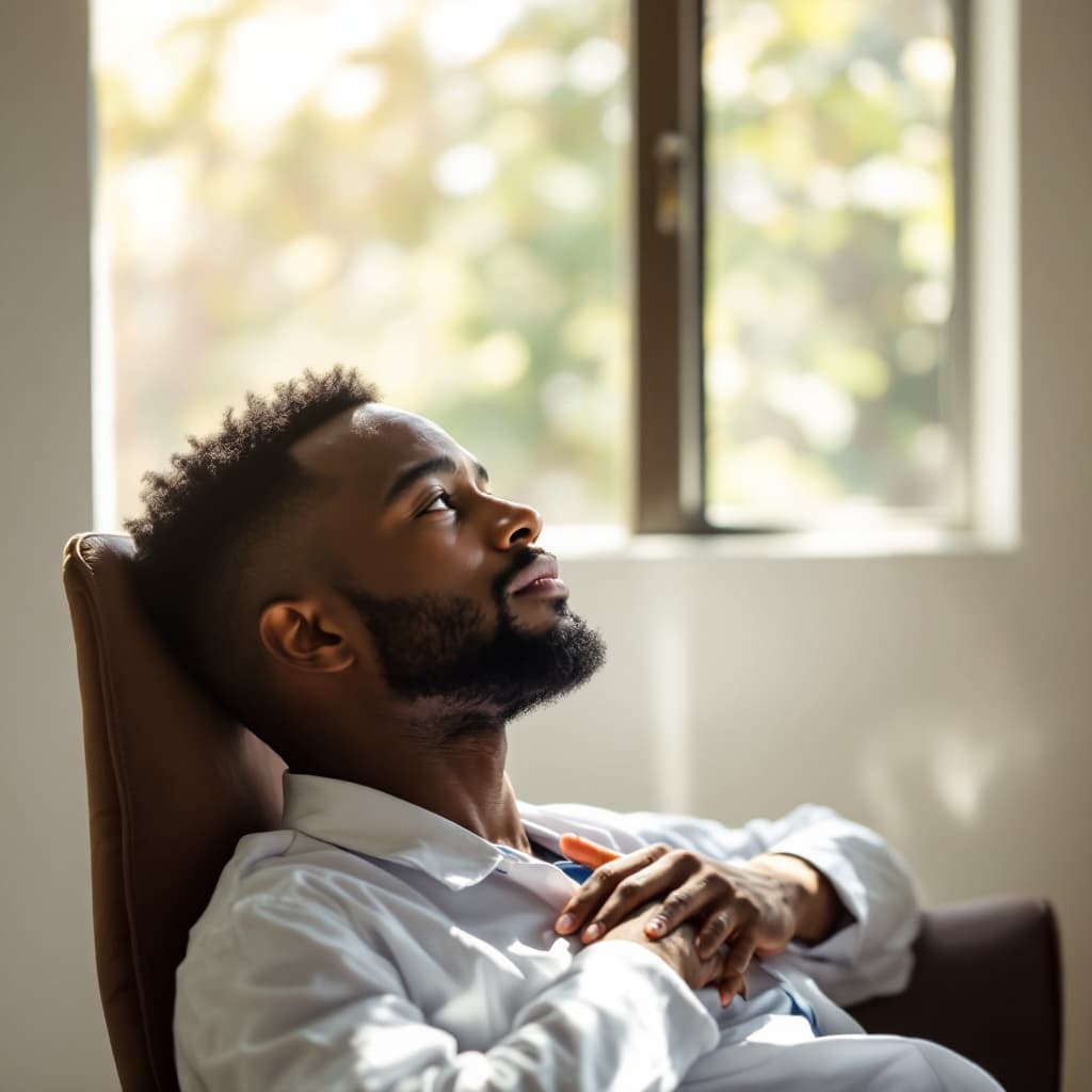 AI generated: male young doctor living in ethiopian sitting in chair and turning his face to the window ;through w...